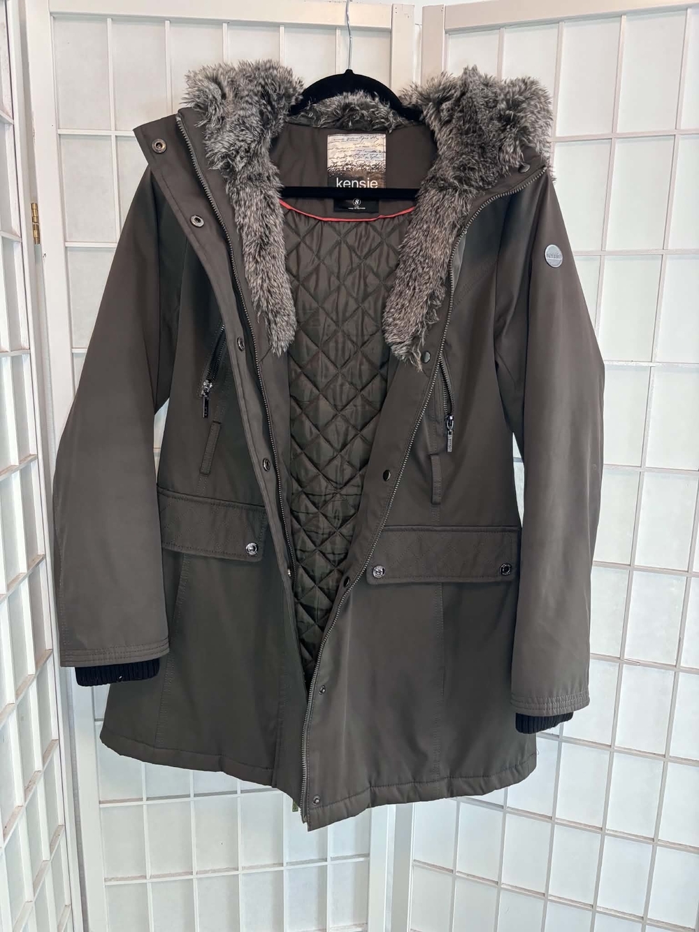 Kensie Olive Green Faux-Fur Hooded Parka Coat